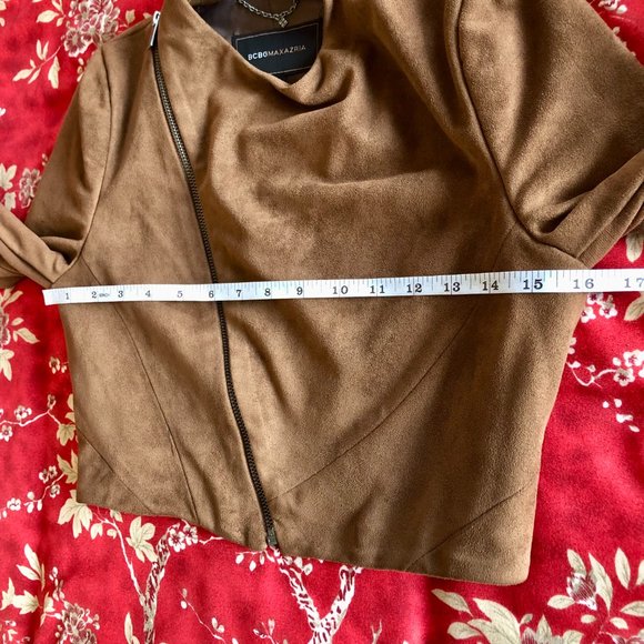 BCBGMaxAzria Vintage Cropped Vegan Suede Toffee Brown Moto Jacket - Size XXS - Picture 13 of 15